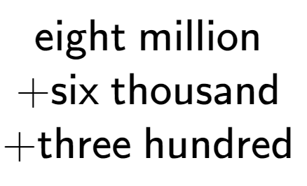 A LaTex expression showing \text{eight million } \\ + \text{six thousand } \\ + \text{three hundred }