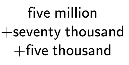 A LaTex expression showing \text{five million } \\ + \text{seventy thousand } \\ + \text{five thousand }