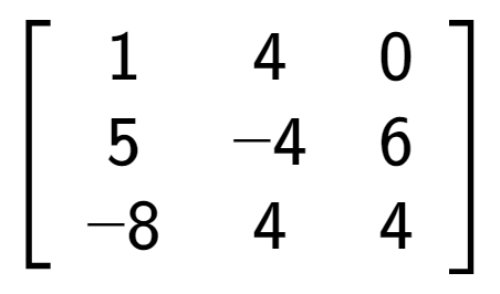 A LaTex expression showing \left[ {\begin{array} {ccc} 1 & 4 & 0 \\ 5 & -4 & 6 \\ -8 & 4 & 4 \end{array} } \right]