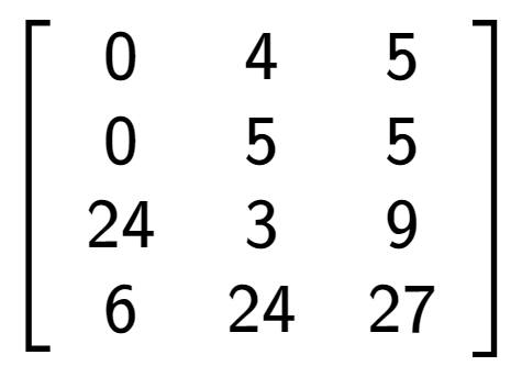 A LaTex expression showing \left[ {\begin{array} {cccc} 0 & 4 & 5 \\ 0 & 5 & 5 \\ 24 & 3 & 9 \\ 6 & 24 & 27 \end{array} } \right]