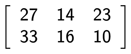 A LaTex expression showing \left[ {\begin{array} {cc} 27 & 14 & 23 \\ 33 & 16 & 10 \end{array} } \right]