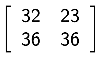 A LaTex expression showing \left[ {\begin{array} {cc} 32 & 23 \\ 36 & 36 \end{array} } \right]