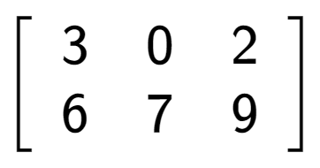 A LaTex expression showing \left[ {\begin{array} {cc} 3 & 0 & 2 \\ 6 & 7 & 9 \end{array} } \right]