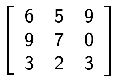 A LaTex expression showing \left[ {\begin{array} {ccc} 6 & 5 & 9 \\ 9 & 7 & 0 \\ 3 & 2 & 3 \end{array} } \right]