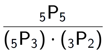 A LaTex expression showing \frac{ sub 5 \text{P} sub 5 }{({ sub 5 \text{P} sub 3 }) times ({ sub 3 \text{P} sub 2 })}