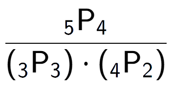 A LaTex expression showing \frac{ sub 5 \text{P} sub 4 }{({ sub 3 \text{P} sub 3 }) times ({ sub 4 \text{P} sub 2 })}