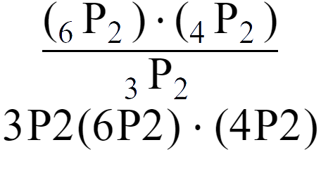 A LaTex expression showing \frac{({ sub 6 \text{P} sub 2 }) times ({ sub 4 \text{P} sub 2 })}{ sub 3 \text{P} sub 2 }
