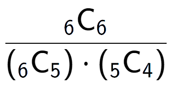 A LaTex expression showing \frac{ sub 6 \text{C} sub 6 }{({ sub 6 \text{C} sub 5 }) times ({ sub 5 \text{C} sub 4 })}