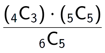 A LaTex expression showing \frac{({ sub 4 \text{C} sub 3 }) times ({ sub 5 \text{C} sub 5 })}{ sub 6 \text{C} sub 5 }