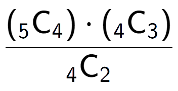 A LaTex expression showing \frac{({ sub 5 \text{C} sub 4 }) times ({ sub 4 \text{C} sub 3 })}{ sub 4 \text{C} sub 2 }