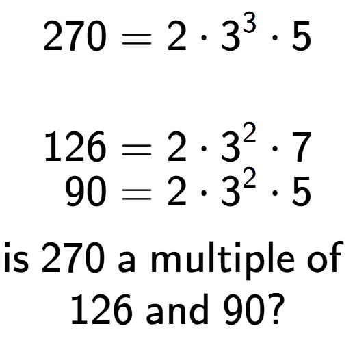 A LaTex expression showing \begin{align*}270 &= 2 times 3 to the power of 3 times 5\\\\[-0.5em]126 &= 2 times 3 to the power of 2 times 7\\[-0.5em]90 &= 2 times 3 to the power of 2 times 5\end{align*}\\\\ \textsf{is }270\textsf{ a multiple of }\\126\textsf{ and }90?