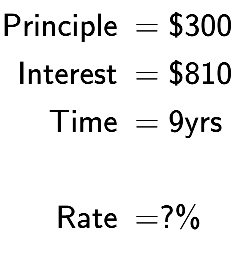 A LaTex expression showing \begin{align*}\text{Principle } &= \$300\\ \text{Interest } &= \$810\\ \text{Time } &= 9\text{yrs}\\ \\ \text{Rate } &= ?\%\end{align*}