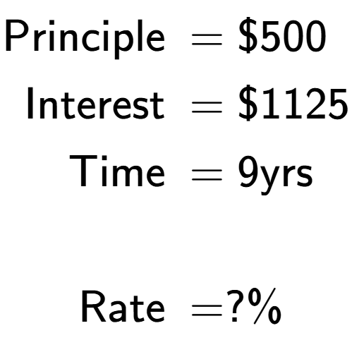 A LaTex expression showing \begin{align*}\text{Principle } &= \$500\\ \text{Interest } &= \$1125\\ \text{Time } &= 9\text{yrs}\\ \\ \text{Rate } &= ?\%\end{align*}