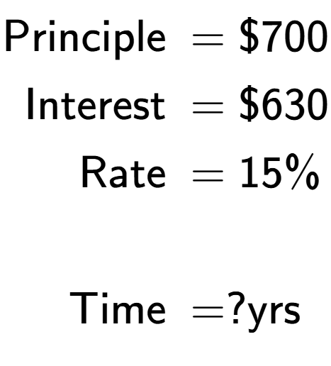 A LaTex expression showing \begin{align*}\text{Principle } &= \$700\\ \text{Interest } &= \$630\\ \text{Rate } &= 15\%\\ \\ \text{Time } &= ?\text{yrs}\end{align*}