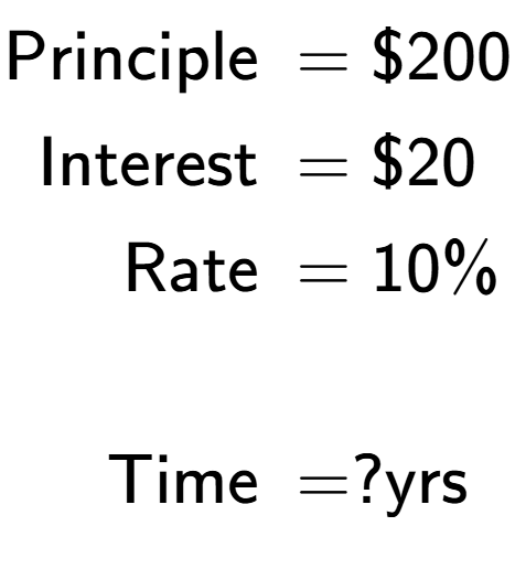 A LaTex expression showing \begin{align*}\text{Principle } &= \$200\\ \text{Interest } &= \$20\\ \text{Rate } &= 10\%\\ \\ \text{Time } &= ?\text{yrs}\end{align*}