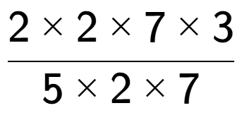 A LaTex expression showing 2 multiplied by 2 multiplied by 7 multiplied by 3 over 5 multiplied by 2 multiplied by 7