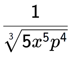 A LaTex expression showing 1 over 3-th root of 5{x to the power of 5{p to the power of 4 }}