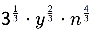 A LaTex expression showing 3 to the power of 1 over 3 times {y} to the power of 2 over 3 times {n} to the power of 4 over 3