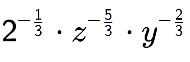 A LaTex expression showing 2 to the power of -1 over 3 times {z} to the power of -5 over 3 times {y} to the power of -2 over 3