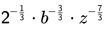 A LaTex expression showing 2 to the power of -1 over 3 times {b} to the power of -3 over 3 times {z} to the power of -7 over 3