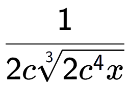 A LaTex expression showing 1 over 2c3-th root of 2{c to the power of 4x }