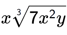 A LaTex expression showing x3-th root of 7{x to the power of 2 y}