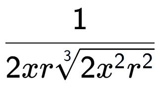 A LaTex expression showing 1 over 2xr3-th root of 2{x to the power of 2{r to the power of 2 }}
