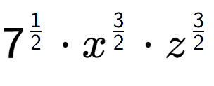 A LaTex expression showing 7 to the power of 1 over 2 times {x} to the power of 3 over 2 times {z} to the power of 3 over 2