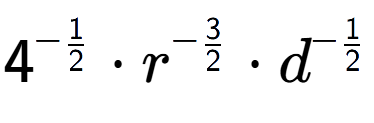 A LaTex expression showing 4 to the power of -1 over 2 times {r} to the power of -3 over 2 times d to the power of -1 over 2