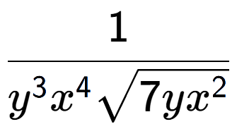 A LaTex expression showing 1 over {y to the power of 3 {x} to the power of 4 square root of 7y{x to the power of 2 }}