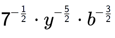 A LaTex expression showing 7 to the power of -1 over 2 times {y} to the power of -5 over 2 times {b} to the power of -3 over 2