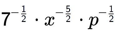 A LaTex expression showing 7 to the power of -1 over 2 times {x} to the power of -5 over 2 times p to the power of -1 over 2