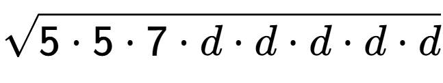A LaTex expression showing square root of 5 times 5 times 7 times d times d times d times d times d