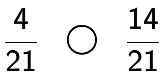 A LaTex expression showing 4 over 21 \;\; \bigcirc \;\;14 over 21