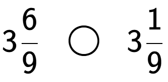 A LaTex expression showing 36 over 9 \;\; \bigcirc \;\;31 over 9