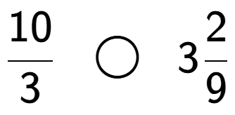 A LaTex expression showing 10 over 3 \;\; \bigcirc \;\;32 over 9