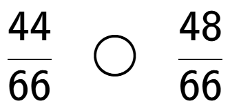 A LaTex expression showing 44 over 66 \;\; \bigcirc \;\;48 over 66