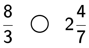 A LaTex expression showing 8 over 3 \;\; \bigcirc \;\;24 over 7