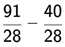 A LaTex expression showing 91 over 28 - 40 over 28
