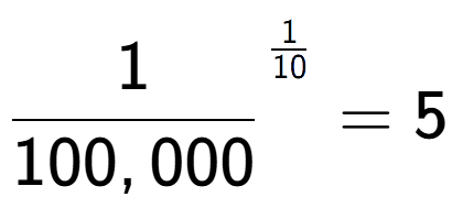 A LaTex expression showing 1 over 100,000 to the power of 1 over 10 = 5