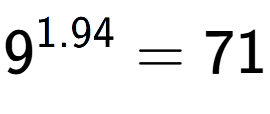 A LaTex expression showing 9 to the power of 1.94 = 71