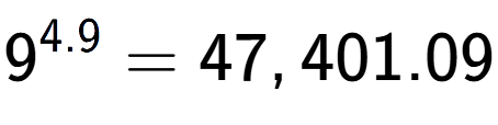 A LaTex expression showing 9 to the power of 4.9 = 47,401.09