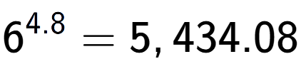 A LaTex expression showing 6 to the power of 4.8 = 5,434.08