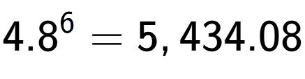 A LaTex expression showing 4.8 to the power of 6 = 5,434.08