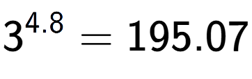 A LaTex expression showing 3 to the power of 4.8 = 195.07