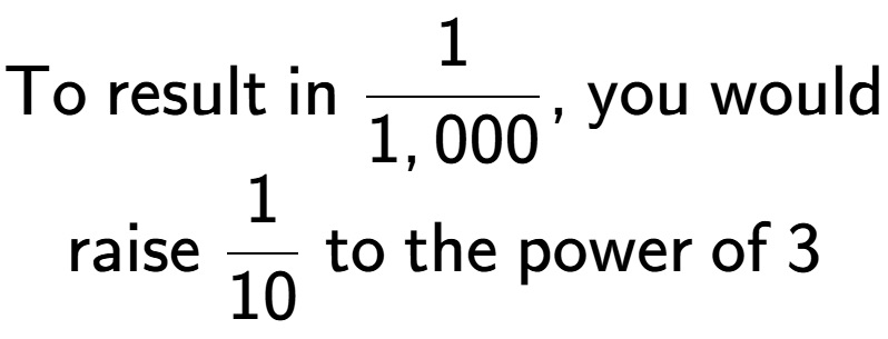 A LaTex expression showing \text{To result in }1 over 1,000 \text{, you would}\\\text{raise }1 over 10 \text{ to the power of }3