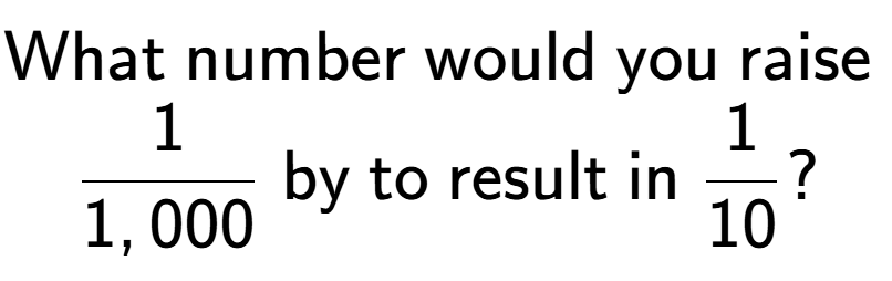 A LaTex expression showing \text{What number would you raise }\\1 over 1,000 \text{ by to result in }1 over 10 ?