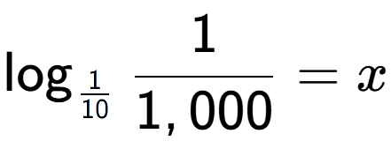 A LaTex expression showing \log sub 1 over 10 1 over 1,000 = x
