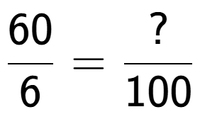 A LaTex expression showing 60 over 6 = ? over 100