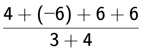 A LaTex expression showing \frac{{4 + (-6) + 6 + 6}}{{3 + 4}}